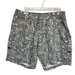 Great Northwest Cotton Cargo Shorts Mens 34 Green Tropical Leaf Elastic Waist